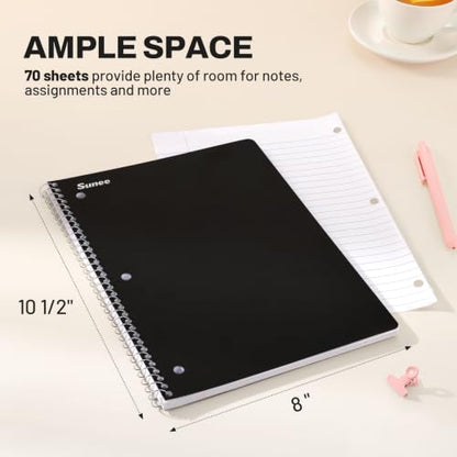 SUNEE Spiral Notebooks, 3 Pack, 1-Subject, College Ruled Paper, 8" x 10-1/2", 70 Sheets per Notebook, Black - color: Black