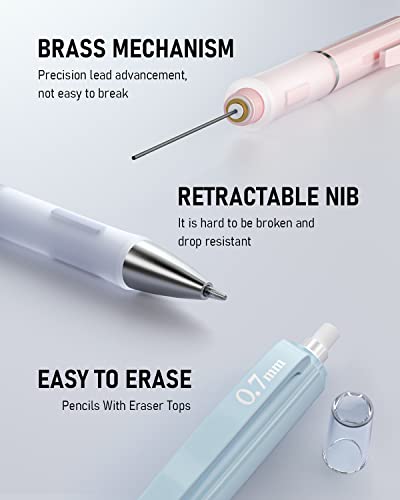 Nicpro 6PCS Pastel Mechanical Pencil Set with Case, 0.5 & 0.7 mm Cute Pencils with 12 tubes HB Lead Refills, 3 Erasers, Eraser Refills For School Supplies Student Writing, Drafting Drawing Sketching - style: 6 Pack (0.5mm+0.7mm)