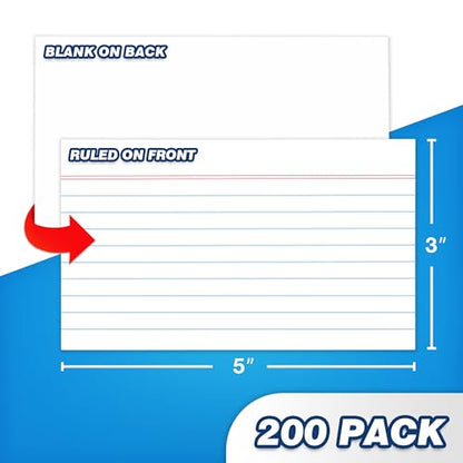 Chell White Color Ruled Index Cards 3x5 Heavyweight, 200 Count | 65 lb. Cover Weight, Ruled Front and Blank Back, Easy Writing, Not Easy to Penetrate Ink - color: White, size: 3"x5"