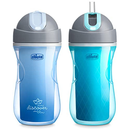 Chicco Insulated Straw Sippy Cup 12+ Months, 9oz Toddler Training Cup with Spill-Free Flip-Top Lid, BPA-Free 2-Pack, Blue Discover/Teal - color: Blue Discover/Teal, size: 9 Ounces