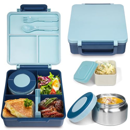 SOHIDA Bento Box with 10oz Soup Thermo: Kids Leakproof Lunch Box with 3 Compartments - Dishwasher Safe and BPA-Free - Vacuum Insulated Food Jar Suitable for Kids Back to School, Travel-Blue - color: Blue