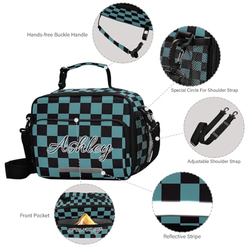 Custom Student Lunch Bag for Boys Girls Teal Black Checkered Personalized Lunch Box With Name Insulated Cooler Bag for School Picnic Travel - color: Multi03