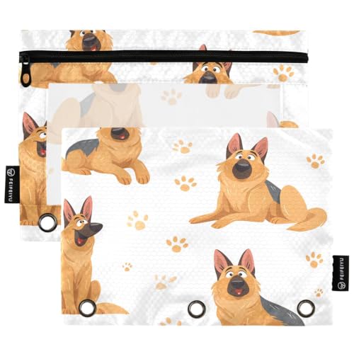 Gredecor 3 Ring Binder Pencil Pouch, Cute German Shepherd Dog White Zippered Pen Case Pouches with Clear Window, 2 Pack Stylish Office & School Supplie - color: Cute German Shepherd Dog White