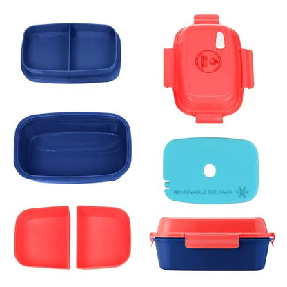Ultimate Bento Box - Lunch Box for Kids & Adults with Removable Ice Pack - Leakproof, Multi-Compartment Food Container with Removable Containers - Microwave & Dishwasher Safe (Red, Blue, Red) - color: Red, Blue, Red
