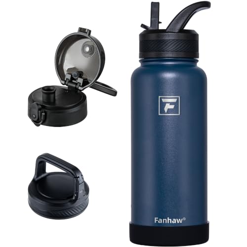 Fanhaw 32 oz Insulated Water Bottle – Portable Stainless Steel Flask with 3 Lids (Straw, Chug, Carabiner) | Leakproof, for Gym, Hiking, Work, Travel & Everyday Use (Navy Blue) - color: Navy Blue, size: 32 Ounces
