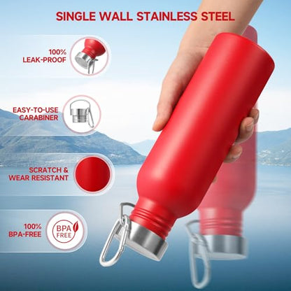 Volhoply 26oz Uninsulated Single Walled Water Bottle, Stainless Steel Reusable Water Bottles with Handle & Carabiner, BPA Free Wide Mouth Water Bottles for Gym Sports Camping（Red,1） - color: Red