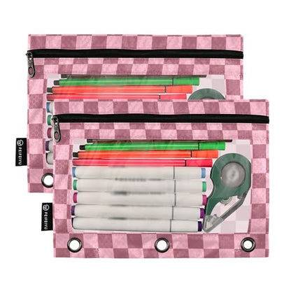 Palevioletred Buffalo Plaid Binder Pouches 3 Ring for Boys Girls School Office College Supplies Pink Chessboard Lightpink Pencil Pouches Case Bag with Clear Window and Zipper 2 Pack - color: Palevioletred