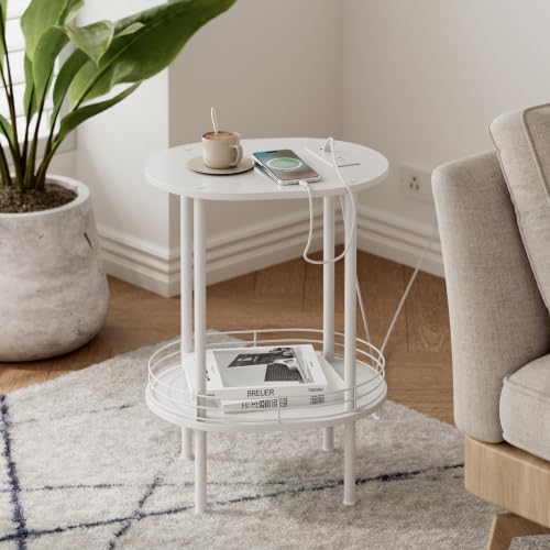DGSANDGO White Side Table with Charging Station,Side Tables Living Room,Nightstand with USB Ports and Outlets,Samll End Table for Small Space,Living Room,Bedroom, Nursery,(1PC,White) - color: White Power Outlets