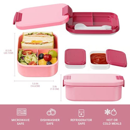 JBGOYON 4-in-1 Bento Box and Insulated Lunch Bag Set, Pink | 6-hour insulation, 7.5 L lunch bag, leakproof 1.9 L container with 2 sauce cups, fork and spoon, 2 snack bags, BPA-fre - color: Pink