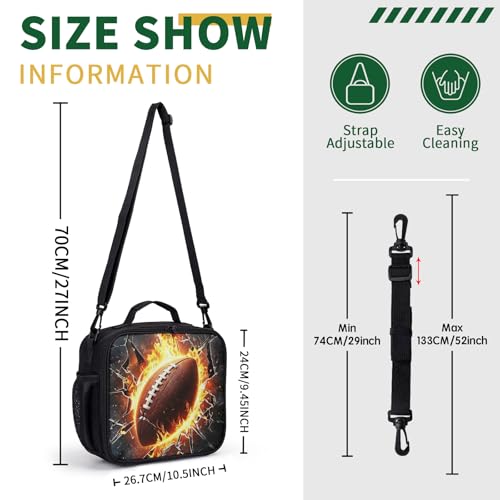 Fire American Football Lunch Box for Boys Girls Black Lunch Bag with Shoulder Strap for Kids Teens Durable Large Capacity Insulated Lunchbox Thermal Meal Bag for School Picnic - color: A-S-American football