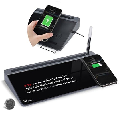 TOWON Glass Desk Whiteboard 16x7 in, Wireless Charger and Storage, Black | Desktop whiteboard with charging pad and phone stand. Tempered glass dry erase. Marker and eraser included. - color: Charger Black