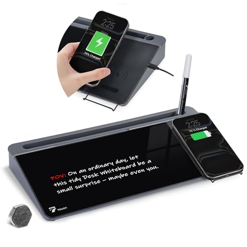 TOWON Glass Desk Whiteboard 16x7 in, Wireless Charger and Storage, Black | Desktop whiteboard with charging pad and phone stand. Tempered glass dry erase. Marker and eraser included. - color: Charger Black