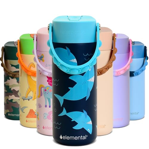 Elemental Insulated Kids Water Bottle, Stainless Steel Water Bottle with Straw Lid & Pop-It Handle, Leak-Proof Water Bottles for School, Boys or Girls, Travelling and Sports, 18oz - Sharks Ahoy - color: Sharks Ahoy