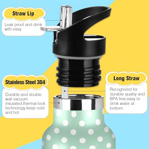 Kids Insulated Water Bottle for Boys Girls Polka Dot Mint Green 20 oz Stainless Steel Travel Mug Sport Water Bottles for Gym School - color: Multi08