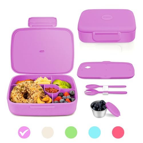 Bento Lunch Box with Kids/Adults, 5 Compartments Leakproof Lunch Container with Dressing Cup, Eco-Friendly Double Insulated Boxes, Dishwasher and Microwave Safe, BPA-Free (purple) - color: Purple
