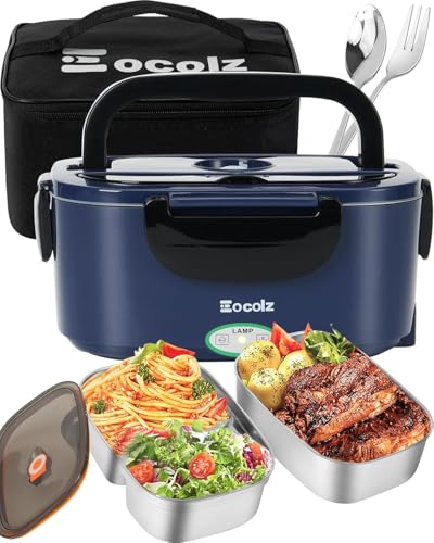 Eocolz Electric Lunch Box Food Heater 80-100W, Food Warmer with Dual Container 1.5L Portable Heated Lunch Box for Car Truck Work Stainless Steel Fork & Spoon 12/24/110V for Adults Lonchera Eléctrica - color: Gray