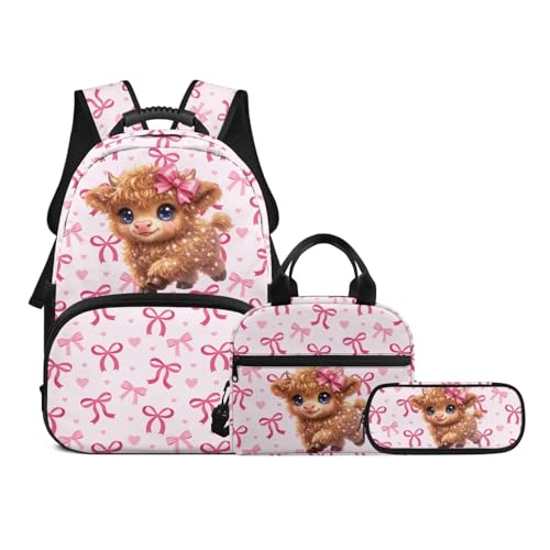 3-in-1 Girls Backpack School Bag and Lunch Box Set Pencil Case for Middle School Teen Highland Cow Print Lightweight Elementary Schoolbags Book Bag Travel Casual Daypack - color: Pink Bows-highland Cow Print