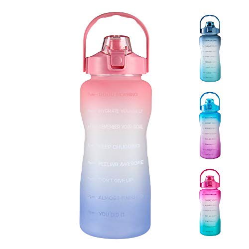 EYQ 64oz/128oz Leakproof Free Drinking Water Bottle with Motivational Time Marker BPA Free for Fitness, Gym and Outdoor Sports - color: 06Ruby/Green Gradient