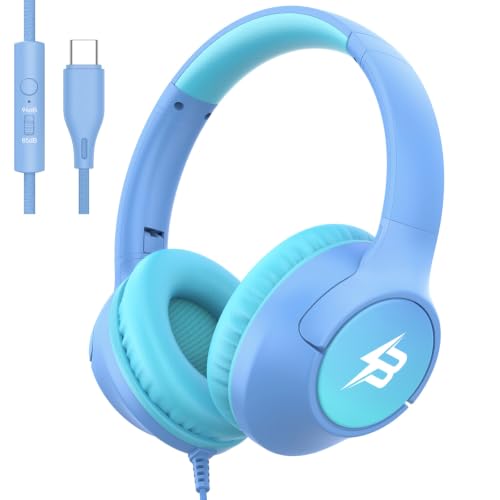 Kids Headphones Wired with USBC Plug, 85/94dB Volume Limit Foldable USB Type C Headphones for Kids Boys Girls, Plug in Headphone Over Ear Wired Headphones for School/Tablet/Travel, Gradient Light Blue - color: Gradient Light Blue