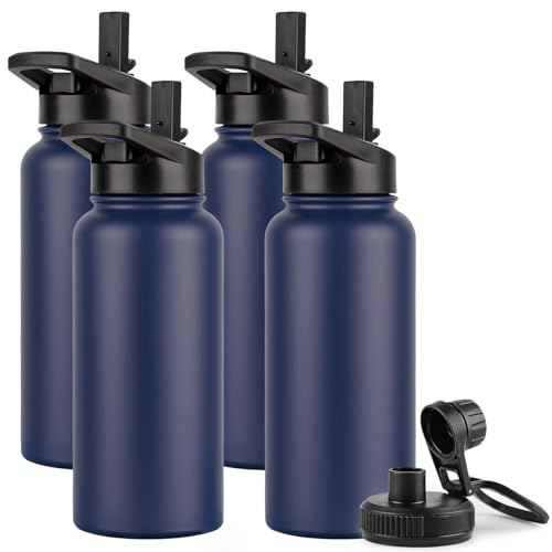 DOMICARE 32 oz Insulated Water Bottle Bulk, Vacuum Insulated Stainless Steel Sports Water Bottle with Straw Lid & Spout Lid, Leakproof, Reusable - Travel, Camping, Bike, Navy Blue (4 Pack) - color: Navy Blue, size: 32oz/4 Pack