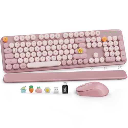 Wireless Keyboard and Mouse Combo, Full-Size Typewriter-Style Keyboard with Round Keycaps, Magnetic Wrist Rest, Tilt Legs, 2.4GHz Cordless for Mac, Windows PC, Laptop, SABLUTE CK23, Dusty Rose - color: Dusty Rose