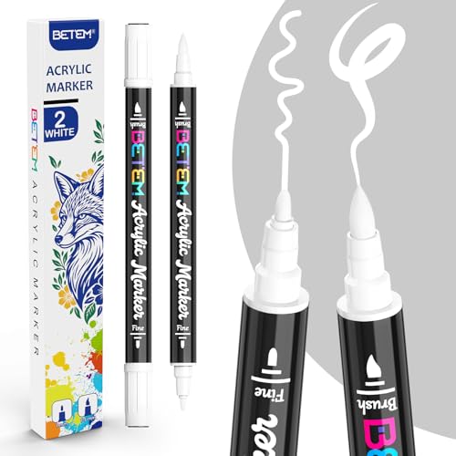 Betem Dual Tip Acrylic Paint Pens, 2 White Paint Markers for Glass, Window, Fabric, Wood, Rock, Canvas, Acrylic Markers with Fine & Brush Tip, Art & Craft Supplies, Teacher Appreciation Gift - color: White