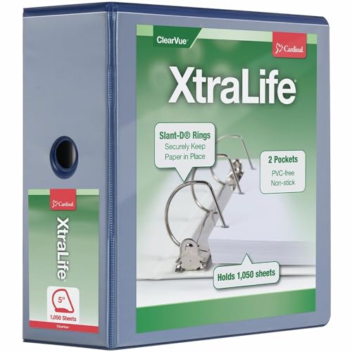 Cardinal 3 Ring Binder, 5 Inch Heavy Duty XtraLife Binder, Locking Slant-D Rings, Crack-Resistant Cover & Spine, ClearVue Covers with Shelf Pull, Holds 1,100 Sheets, Blue (26352) - color: Blue, size: 5-Inch