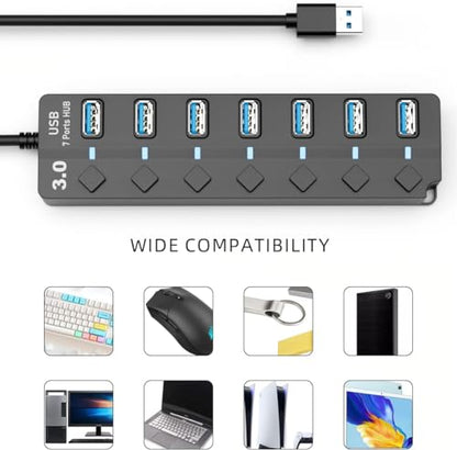 Eanetf USB 3.0 Hub, 7-Port with Individual On/Off Switches & LED Indicators, 5Gbps High-Speed Data Hub for Laptop, PC, MacBook, Surface Pro, PS5, HDD, Flash Drive (4ft Cable)