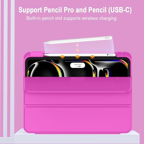 ZryXal iPad Pro 11 Inch Case (M5) 2025/ (M4) 2024 (Model: A2836/A2837/A3006), Trifold Stand Smart Cover with Pencil Holder and Soft TPU Back, Auto Wake/Sleep (Deep Pink) - color: Deep Pink