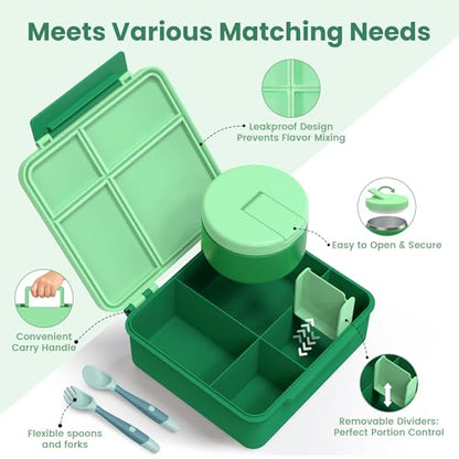 LOHASOK Bento Lunch Box Kids with 8oz Soup Thermo, Leak-Proof Lunch Containers with 4 Compartment, Thermo Hot Food Jar and Insulated Lunch Box for School Green - color: Green