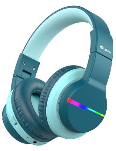iClever BTH12 Kids Bluetooth Headphones,Colorful LED Lights Wireless Kids Headphones,74/85dBA Safe Volume,85H Playtime,Bluetooth 5.2,Over Ear Headphones Built-in Mic for iPad/Tablet/Airplane,Green - color: Malachite Green