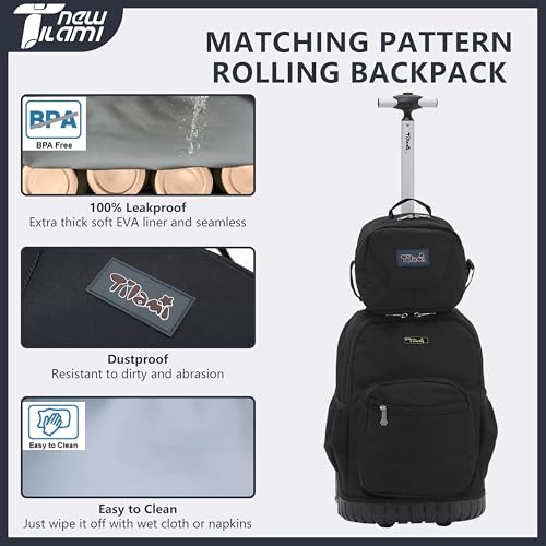 NEW TILAMI 18 inch Rolling Backpack for Kids - Waterproof, Stair-Climbing, Durable, Personalized Design for School, Travel, Black - color: Black