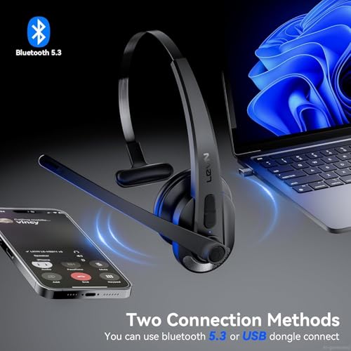 LEVN Wireless Headset with Mic for Work, Bluetooth Headset with Microphone-AI Noise Cancelling, Single-Ear Wireless Headphones with Mic & USB Dongle for PC/Computer/Call Center/Laptop/Teams/Zoom/Home