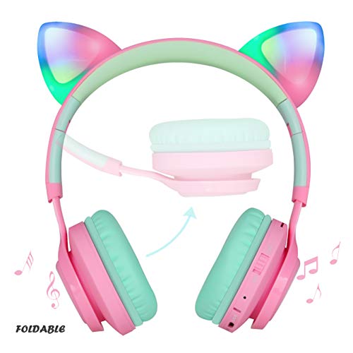 Riwbox CT-7 Cat Ear Kids Bluetooth Headphones, LED Light Up Bluetooth Wireless Over Ear Headphones with Microphone and Volume Control for Travel/School/Smartphones/Laptop/PC/TV (Pink&Green) - color: Pink&Green