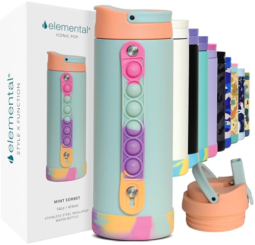 Elemental Iconic Kids Water Bottle for School - 100% Leak-Proof Insulated Water Bottles with Straw Lid & Pop-It Handle for Boys & Girls - Triple-Wall Insulated & BPA-Free, 14oz – Mint Sorbet - color: Mint Sorbet, size: 14 Ounces