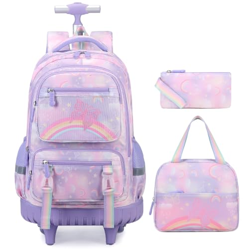 Scothen Rolling Backpack for Girls, 3PCS Roller School Backpacks for Girls with Lunch Bag and Pencil Pouch, Kids Bookbag Schoolbag with Wheels for Teen Girl Kindergarten Elementary Middle School - color: Purple