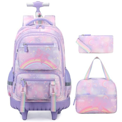 Scothen Rolling Backpack for Girls, 3PCS Roller School Backpacks for Girls with Lunch Bag and Pencil Pouch, Kids Bookbag Schoolbag with Wheels for Teen Girl Kindergarten Elementary Middle School - color: Purple