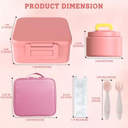 MAISON HUIS Bento Lunch Box with 8oz Soup Thermo, 5-Compartment Leak-Proof Container, Thermo Hot Food Jar and Insulated Lunch Bag, BPA Free,Travel, School (Pink) - color: Pink1