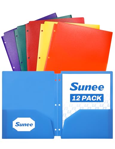 SUNEE 3 Hole Folders with Pockets (12 Pack, Assorted Color), Plastic Folders for 3 Ring Binder, Heavy Duty Binder Folder for Document for School, Students, Teachers, Office Staf - color: Multicolored 1, style: 12-Pack