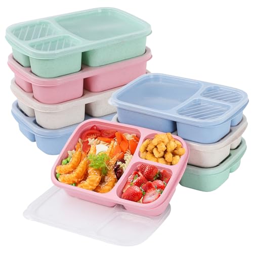 buluker 8 Pack Bento Lunch Box Set 3 Compartment Wheat Straw Meal Prep Food Storage Containers Plastic, Microwave and Dishwasher Safe(light colour) - color: 8 Pack（light colour)