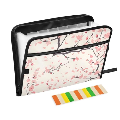 Expanding File Folder Cherry Blossom Flower Pattern Accordion File Organizer 13 Pockets Document Organizer with Zipper Labels A4 Letter Office Storage - color: Multi19