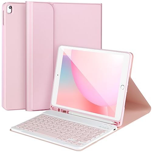 AHYWTAN Keyboard Case for iPad 9/8/7th Gen 10.2’’,Case with Keyboard ipad 10.2 inch,Detachable Bluetooth Keyboard with Pencil Holder,Pink - color: Pink
