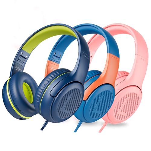 awatrue 3PCS Kids Headphones for School Travel, 85/94dB Safe Volume Limit, 3.5mm Jack, HD Mic, Portable Wired Headphone with Shareport, Stereo Sound On-Ear Headphones for Toddler Kids Girls Boys - color: 3 Pack
