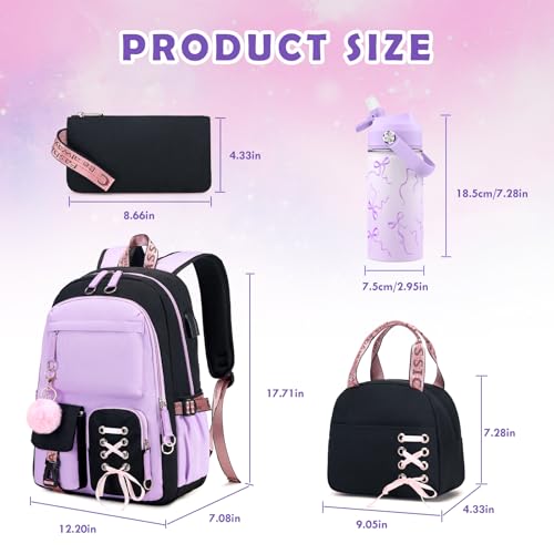 ACESAK Kids School Backpack for Girls, 4-In-1 Bookbag Backpack Set with 14OZ Insulated Kids Water Bottle, Lunch Bag Set for Girls Kid Teens Middle School Student, Girl Backpack for Schools - color: Black-purple