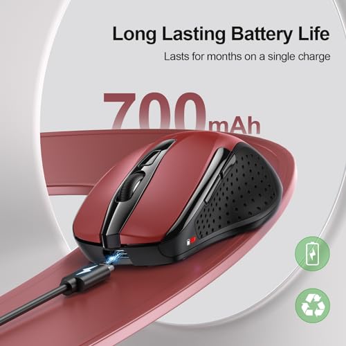 TECKNET Wireless Mouse, BT 5.0/2.4G, Rechargeable 6-DPI Silent, Red | Bluetooth 5.0/3.0 & USB A, 2-Device Easy Switch, Wide OS Compatible, 6 Buttons, 6-DPI up to 4800, Ergonomic for S to M Hands - color: Red