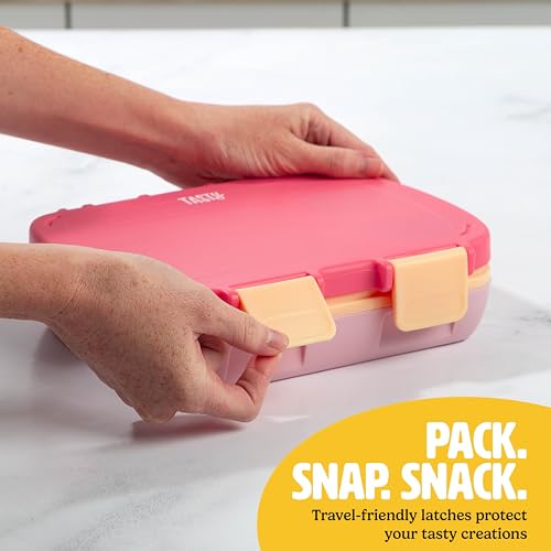 Tasty Bento Style Lunch Box, 4 Compartments with Built-In Phone Stand, BPA-Free Plastic, Portable Food Storage Container, Pink - color: Pink