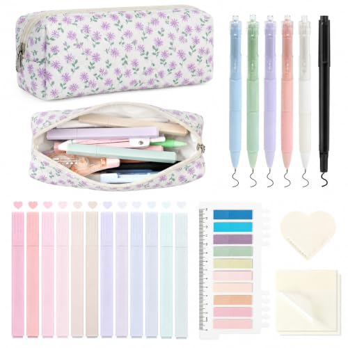 22Pcs Book Annotation Kit Aesthetic Pencil Case with Supplies School Annotation Supplies Gel Pen Transparent Sticky Note Taking Bible Study College Stationery Supplie (Lavender Floral) - color: Lavender Floral