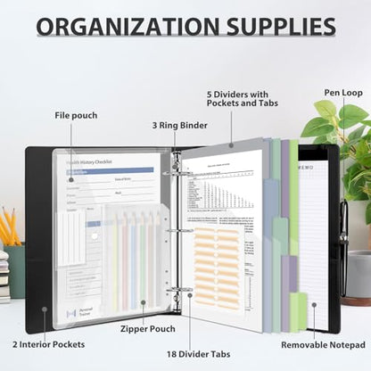3 Ring Binder with Clipboard,2 Inch Binders with Notepad&5 Dividers with Pockets, Labels,PU Clipboards for School Office(Black,Letter Size) - color: Black, size: Letter Size -2 Inch