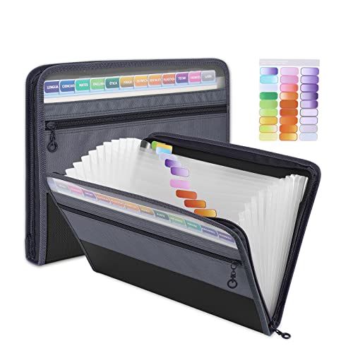 MEGREZ Expanding File Folder with 13 Pockets, A4 Paper File Folder with Zipper Color Labels, Waterproof Accordion File Folder Organizer for Home Office, Black - color: Black
