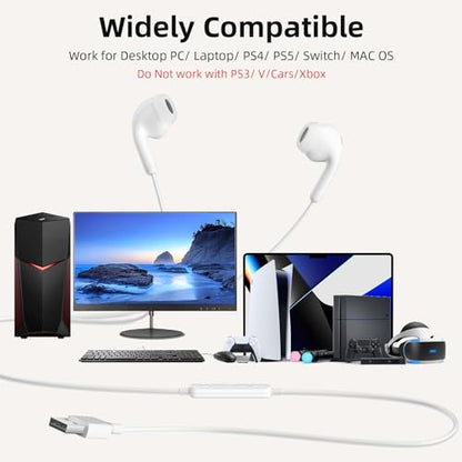 USB Earbuds with Microphone for PC Laptop Computer, 7.5FT White | Noise Isolating Computer Headset with Volume Control Stereo Bass Wired in Ear Earbuds for Gaming Zoom Meeting Office Worker